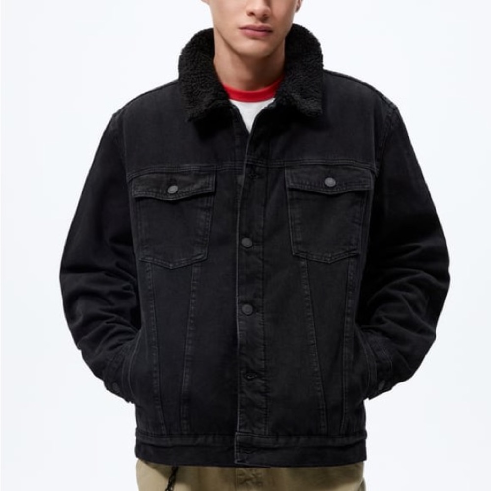 Zara Men’s Faux Sherpa Denim Jacket In Black Size Small